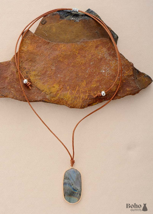 Boho Necklace, Labradorite, Green Natural Stone, Pendant